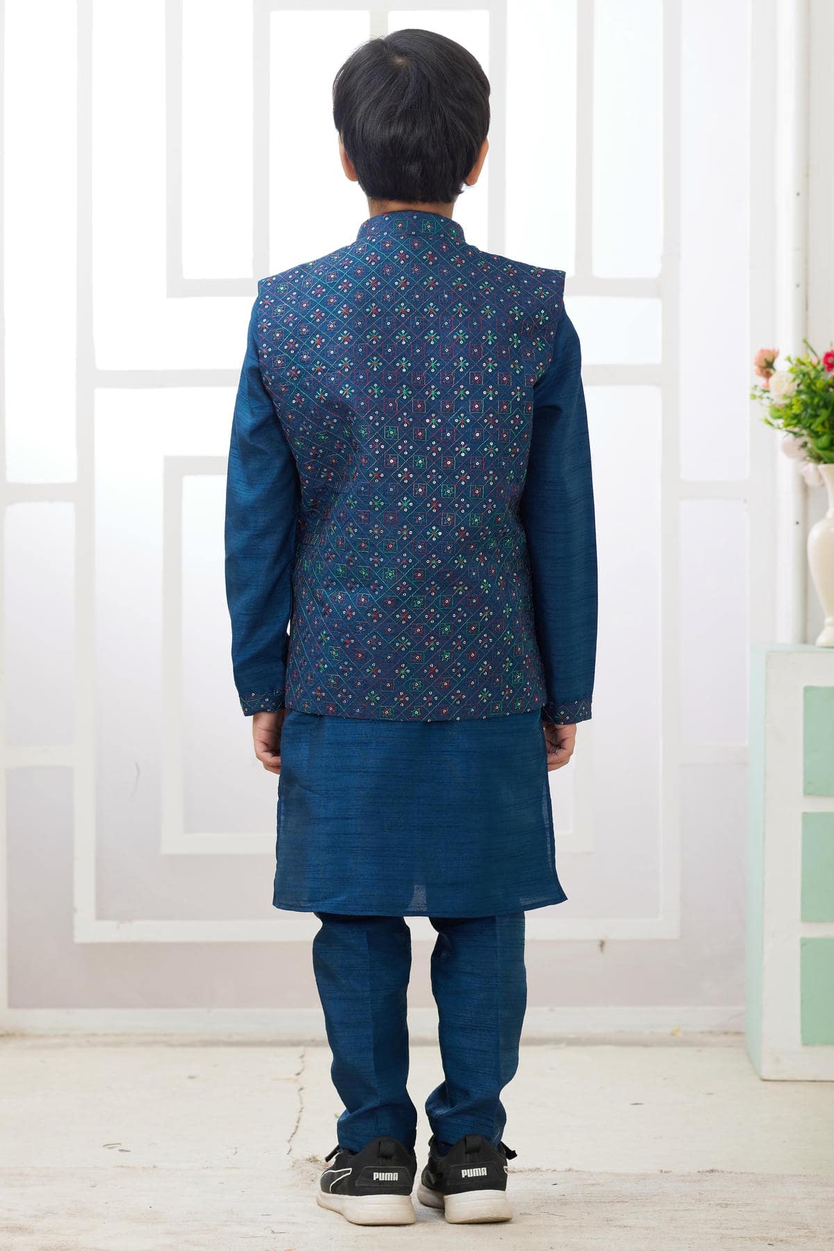 Art Silk Blue Colour Thread Embroidery Work 3 Pcs Jacket Set
