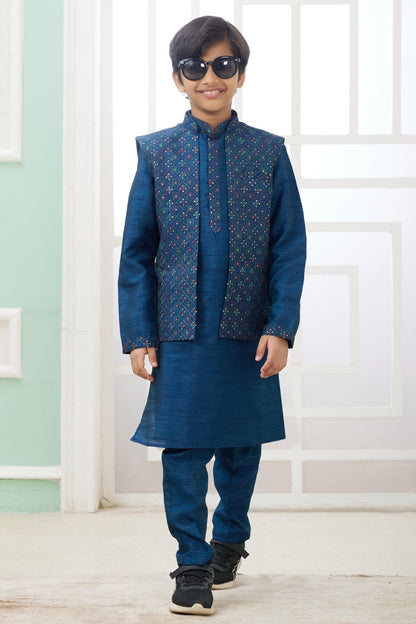 Art Silk Blue Colour Thread Embroidery Work 3 Pcs Jacket Set