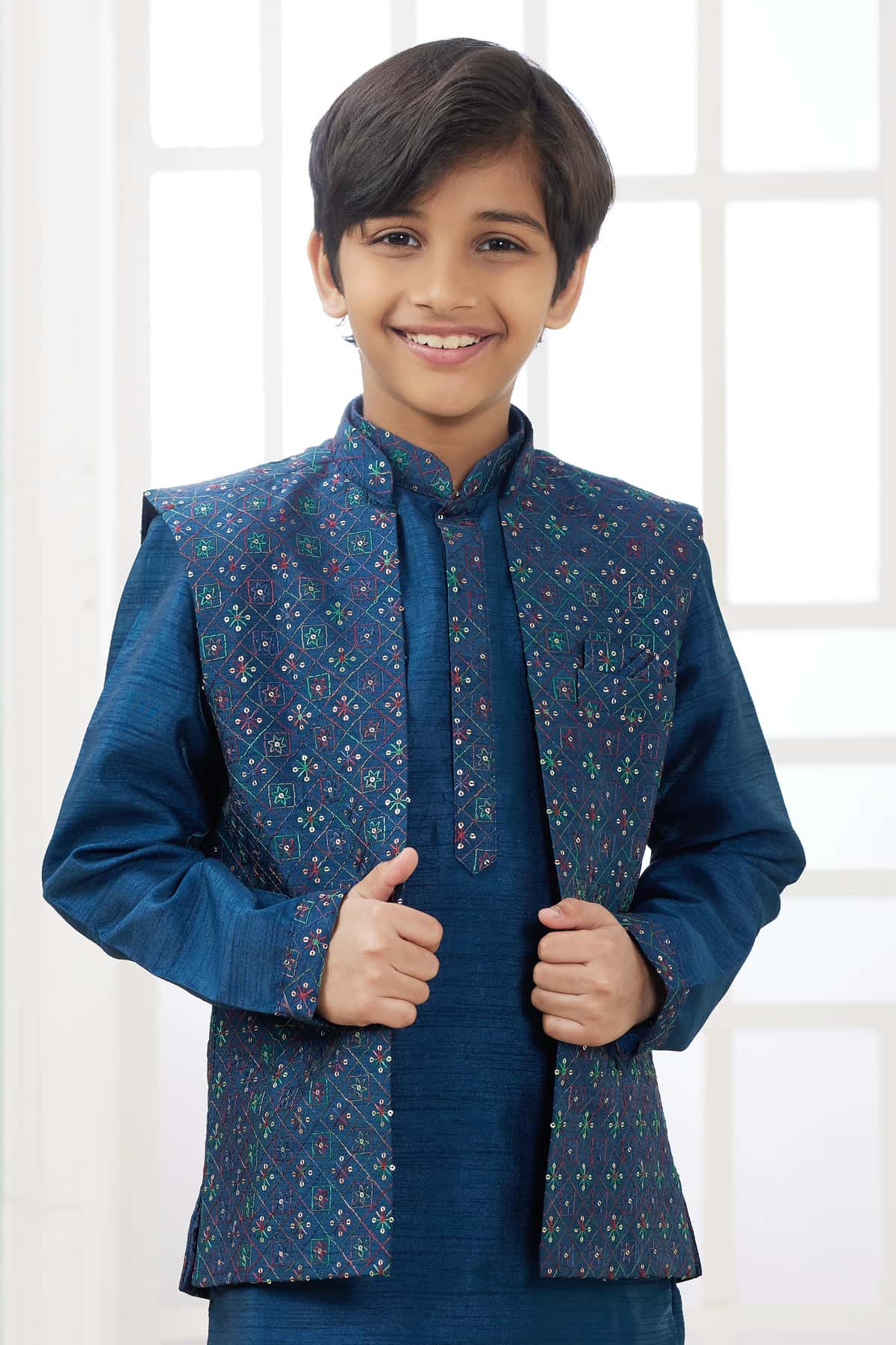 Art Silk Blue Colour Thread Embroidery Work 3 Pcs Jacket Set