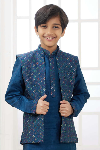 Art Silk Blue Colour Thread Embroidery Work 3 Pcs Jacket Set