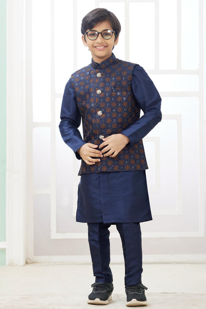 Art Silk Blue Colour Thread Embroidery Work 3 Pcs Jacket Set