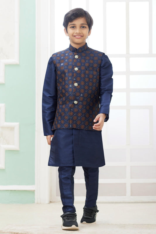 Art Silk Blue Colour Thread Embroidery Work 3 Pcs Jacket Set
