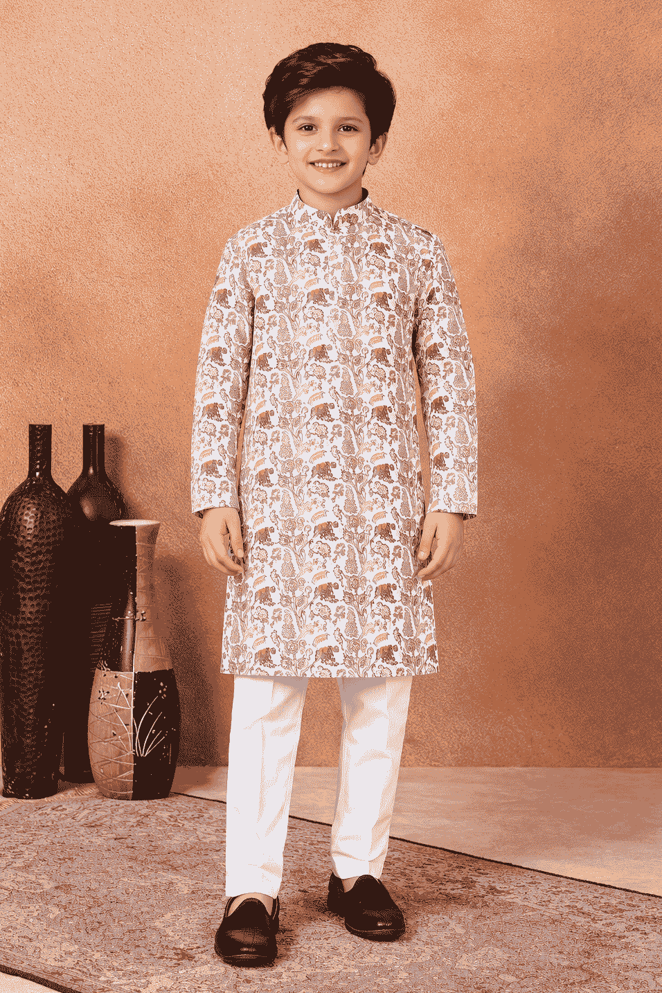 Art Silk Brown Colour Pintux Work Kids Kurta Pajama