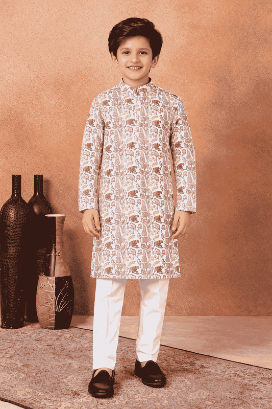 Art Silk Brown Colour Pintux Work Kids Kurta Pajama