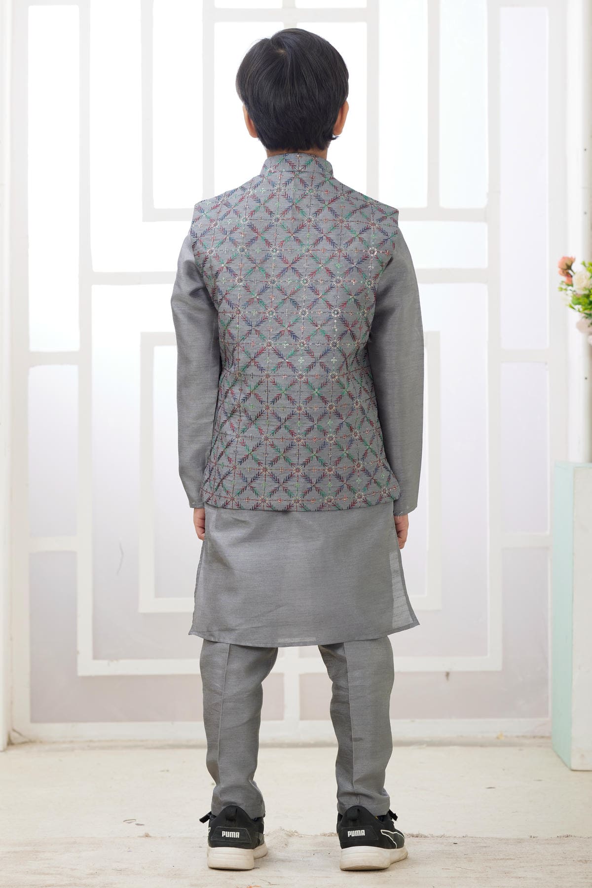 Art Silk Dark Grey Colour Thread Embroidery Work 3 Pcs Jacket Set