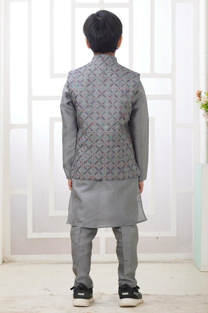 Art Silk Dark Grey Colour Thread Embroidery Work 3 Pcs Jacket Set