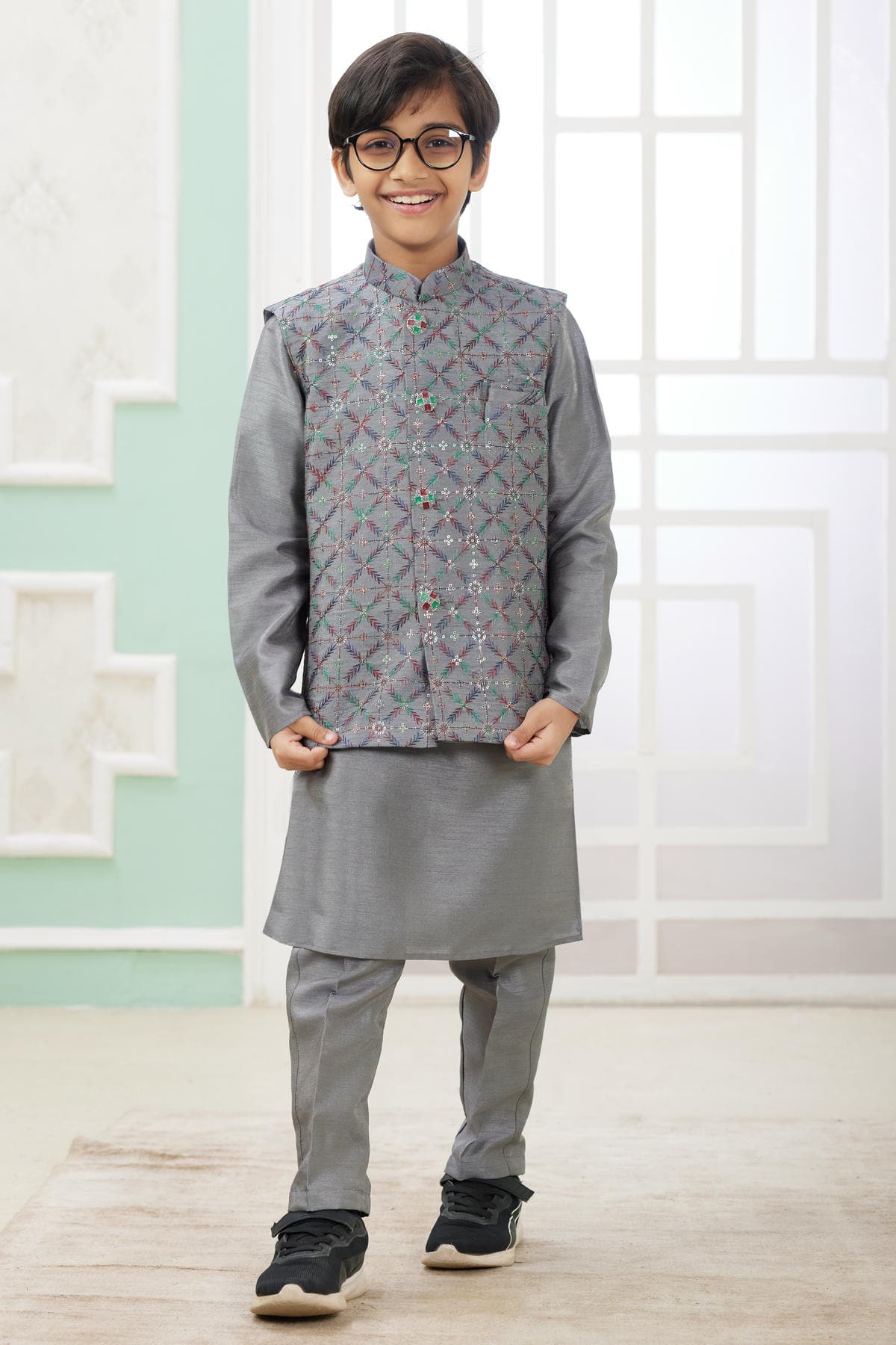 Art Silk Dark Grey Colour Thread Embroidery Work 3 Pcs Jacket Set