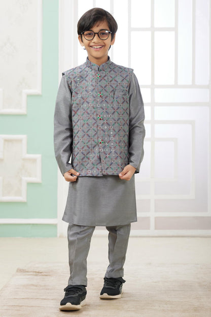 Art Silk Dark Grey Colour Thread Embroidery Work 3 Pcs Jacket Set