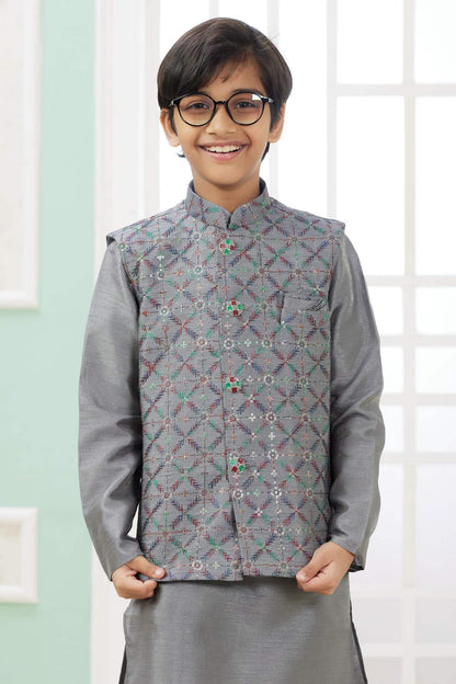 Art Silk Dark Grey Colour Thread Embroidery Work 3 Pcs Jacket Set