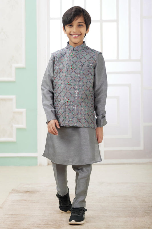 Art Silk Dark Grey Colour Thread Embroidery Work 3 Pcs Jacket Set