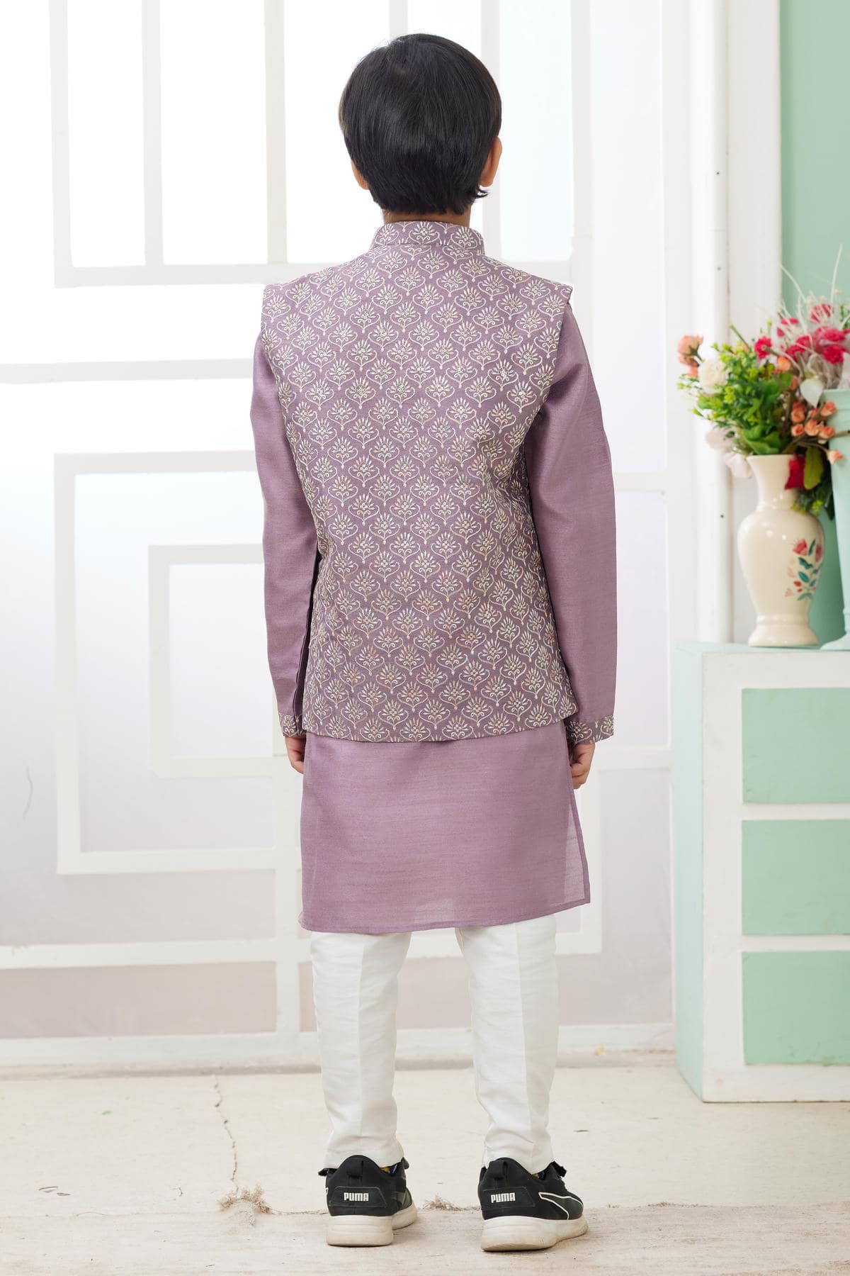 Art Silk Dark Onion Colour Thread Embroidery Work 3 Pcs Jacket Set