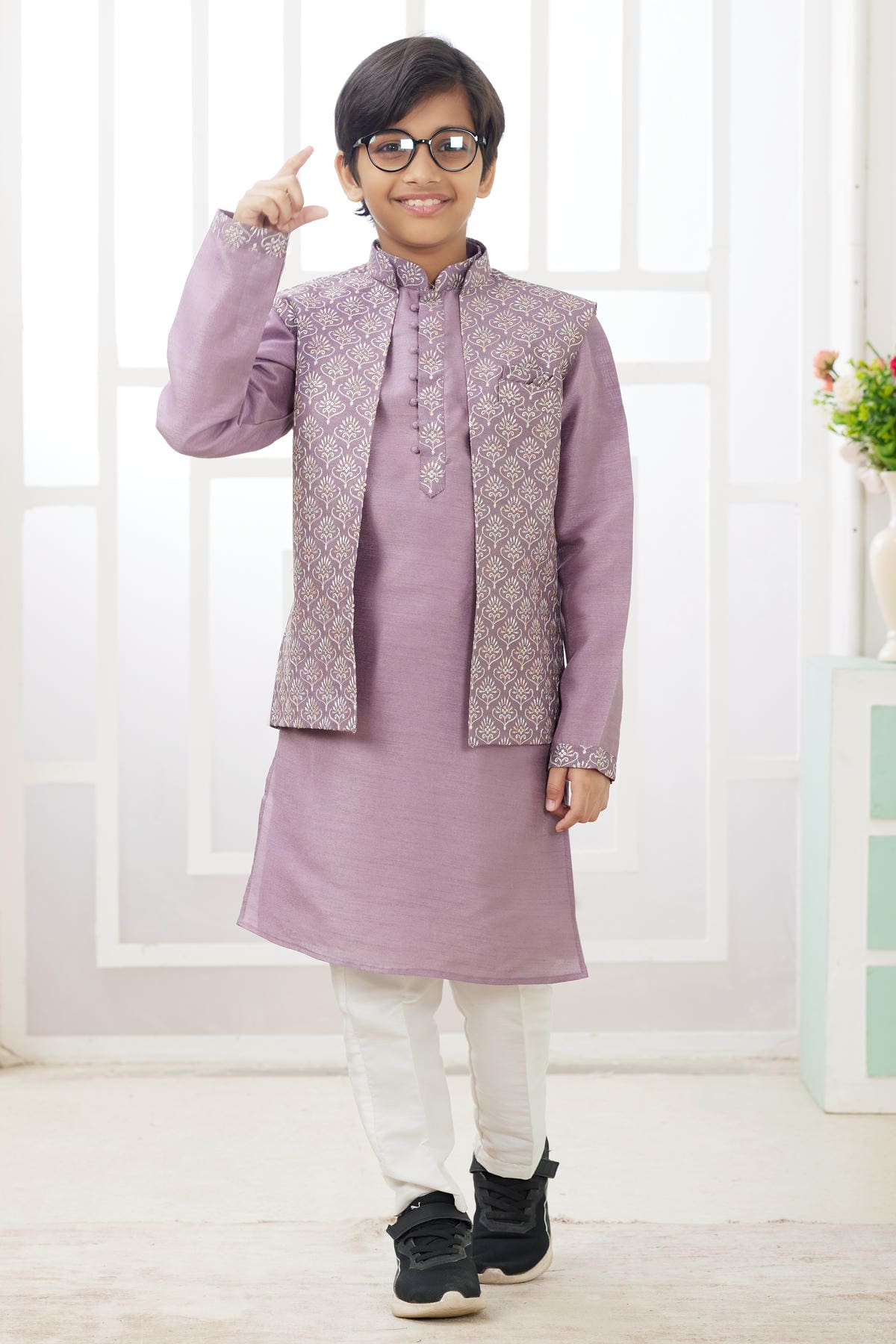 Art Silk Dark Onion Colour Thread Embroidery Work 3 Pcs Jacket Set
