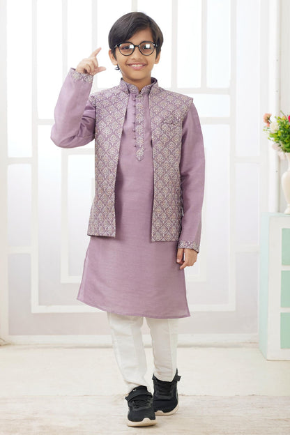 Art Silk Dark Onion Colour Thread Embroidery Work 3 Pcs Jacket Set
