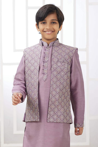 Art Silk Dark Onion Colour Thread Embroidery Work 3 Pcs Jacket Set