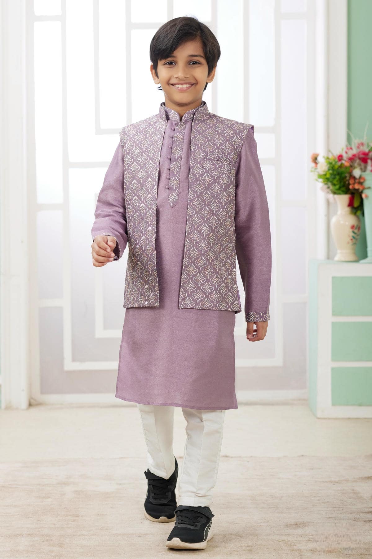 Art Silk Dark Onion Colour Thread Embroidery Work 3 Pcs Jacket Set