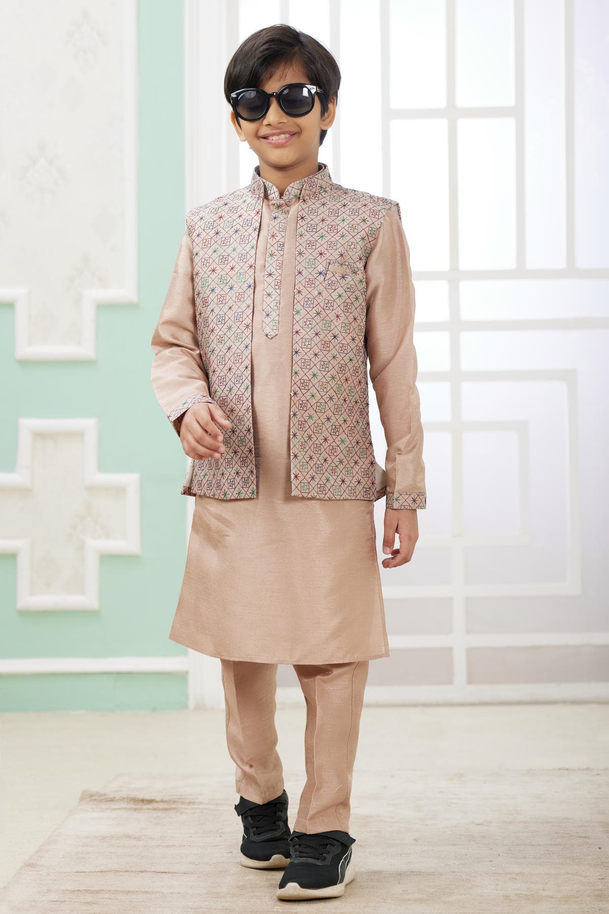 Art Silk Dusty Peach Colour Thread Embroidery Work 3 Pcs Jacket Set