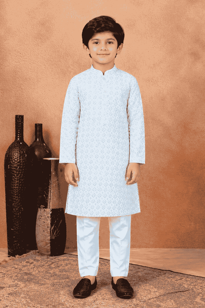 Art Silk Green Colour Pintux Work Kids Kurta Pajama