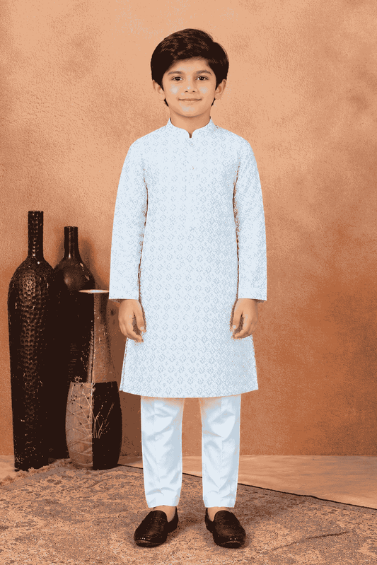 Art Silk Green Colour Pintux Work Kids Kurta Pajama