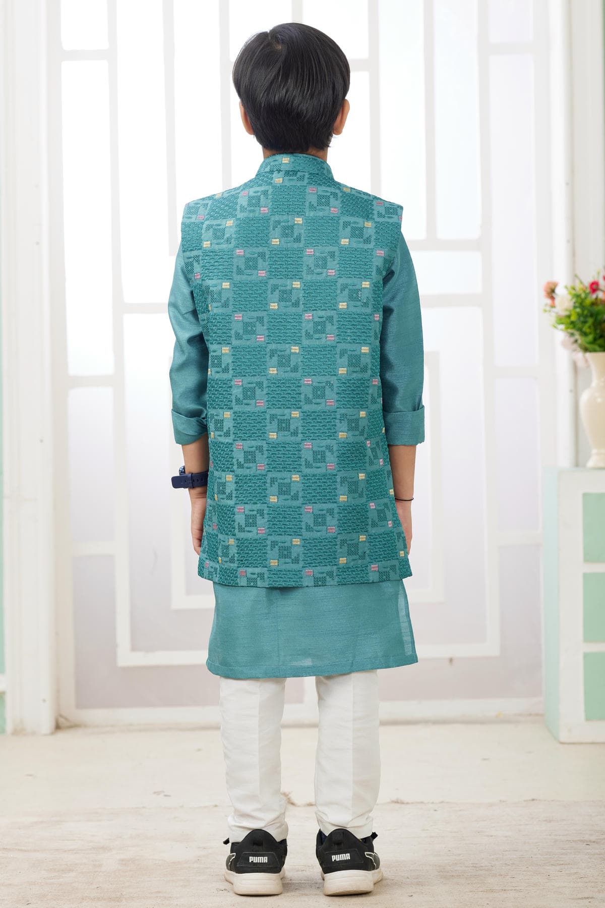 Art Silk Green Colour Thread Embroidery Work 3 Pcs Jacket Set