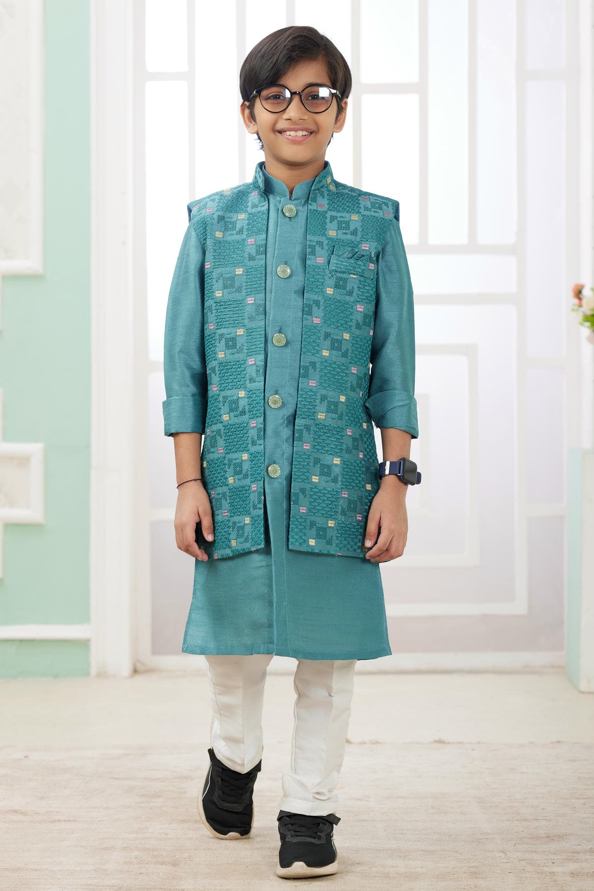 Art Silk Green Colour Thread Embroidery Work 3 Pcs Jacket Set