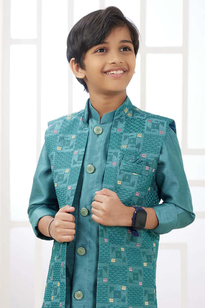 Art Silk Green Colour Thread Embroidery Work 3 Pcs Jacket Set