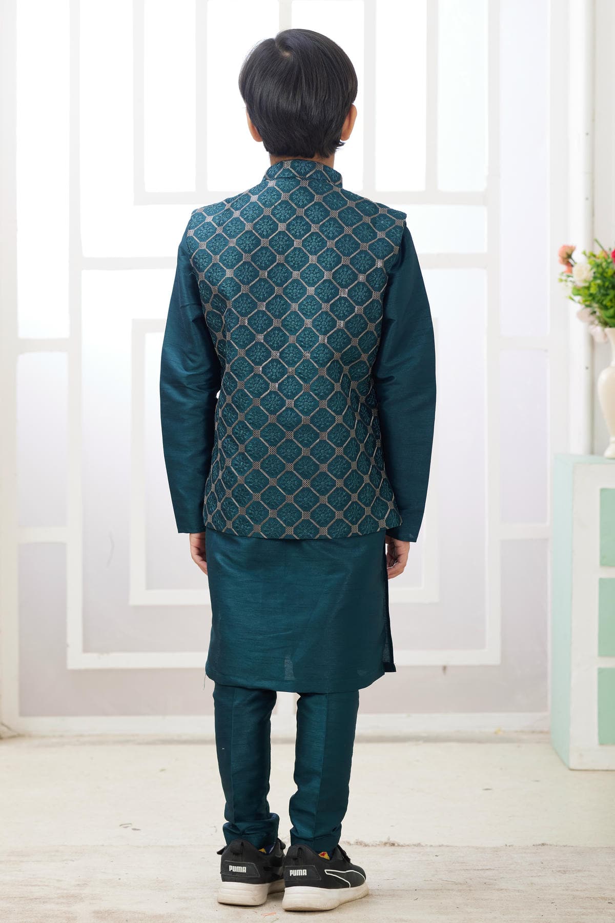 Art Silk Green Colour Thread Embroidery Work 3 Pcs Jacket Set