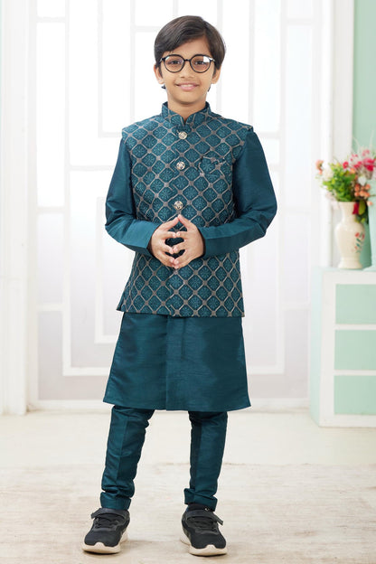 Art Silk Green Colour Thread Embroidery Work 3 Pcs Jacket Set