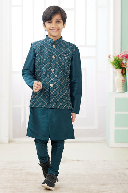 Art Silk Green Colour Thread Embroidery Work 3 Pcs Jacket Set