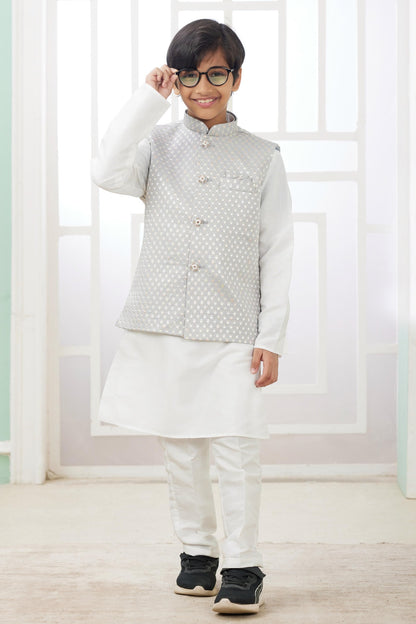 Art Silk Grey Colour Thread Embroidery Work 3 Pcs Jacket Set