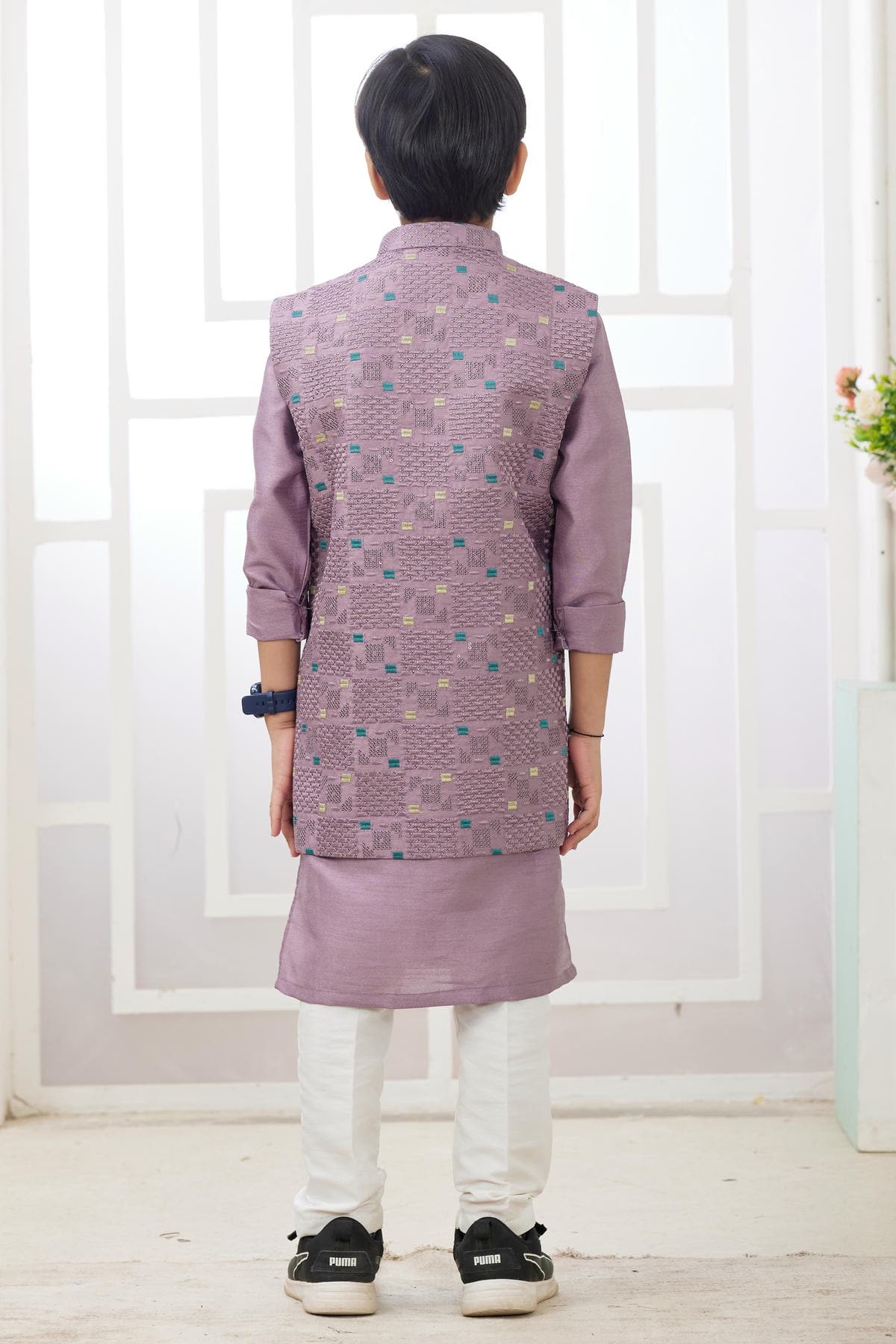 Art Silk Onion Colour Thread Embroidery Work 3 Pcs Jacket Set