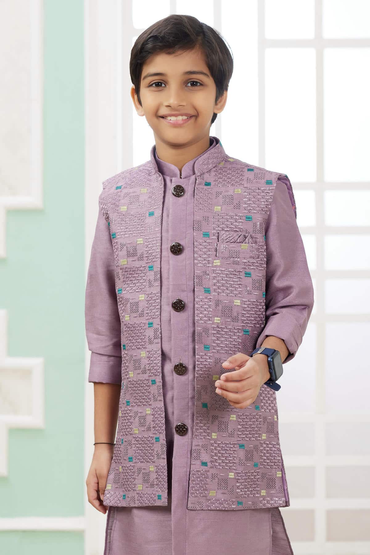 Art Silk Onion Colour Thread Embroidery Work 3 Pcs Jacket Set