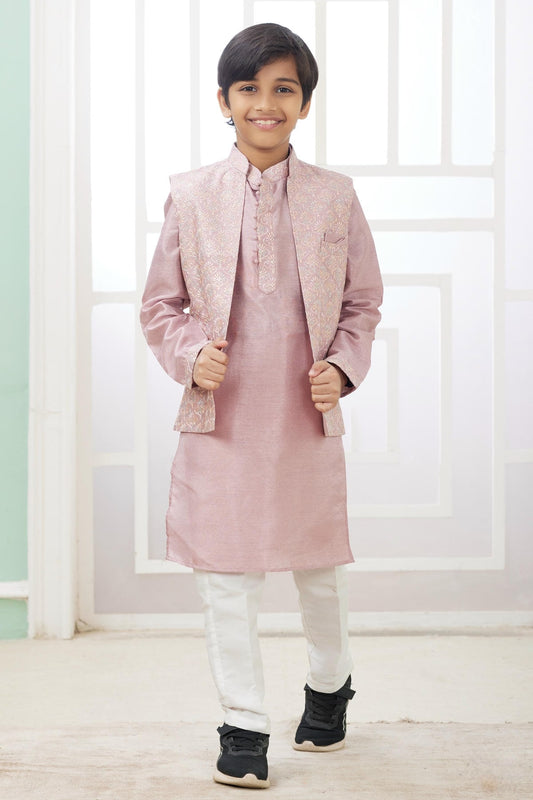 Art Silk Onion Colour Thread Embroidery Work 3 Pcs Jacket Set
