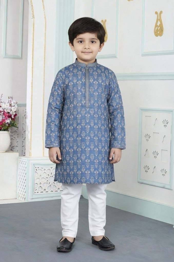 Art Silk Pintux Work Blue Colour Kids Kurta Pajama