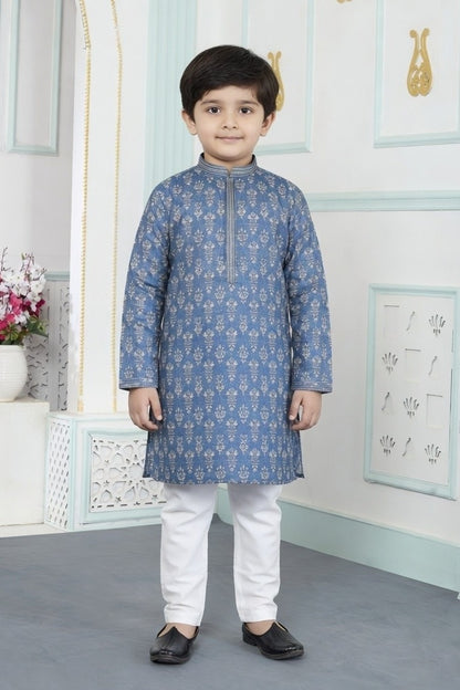 Art Silk Pintux Work Blue Colour Kids Kurta Pajama