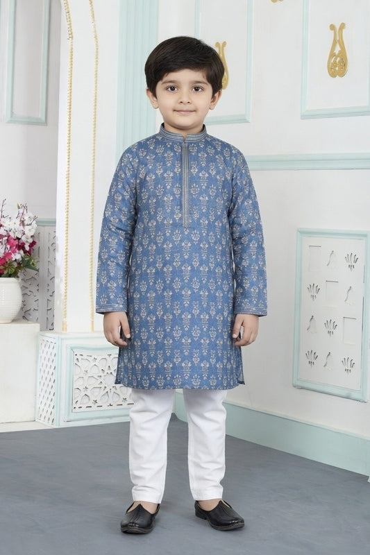 Art Silk Pintux Work Blue Colour Kids Kurta Pajama