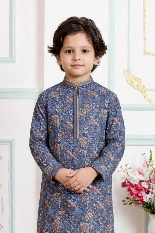 Art Silk Pintux Work Blue Colour Kids Kurta Pajama