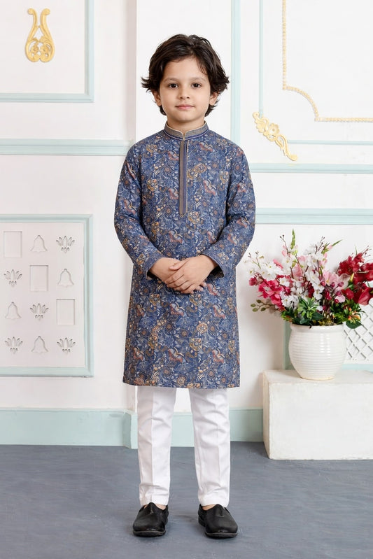 Art Silk Pintux Work Blue Colour Kids Kurta Pajama