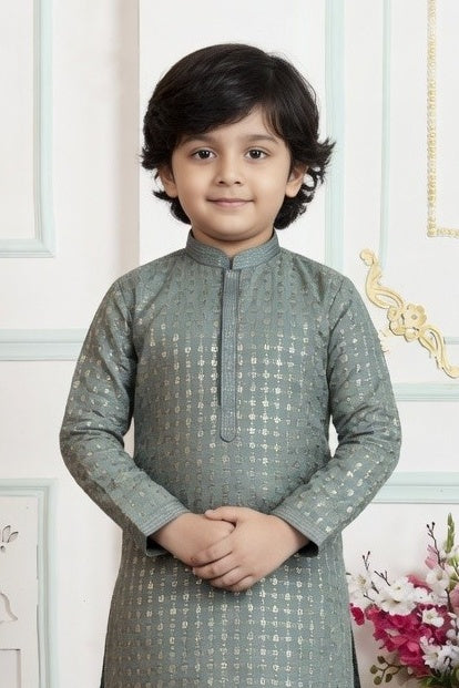 Art Silk Pintux Work Green Colour Kids Kurta Pajama