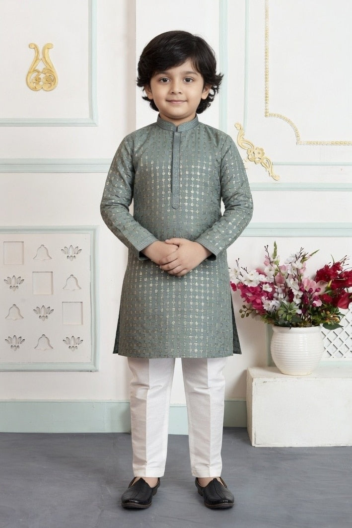 Art Silk Pintux Work Green Colour Kids Kurta Pajama