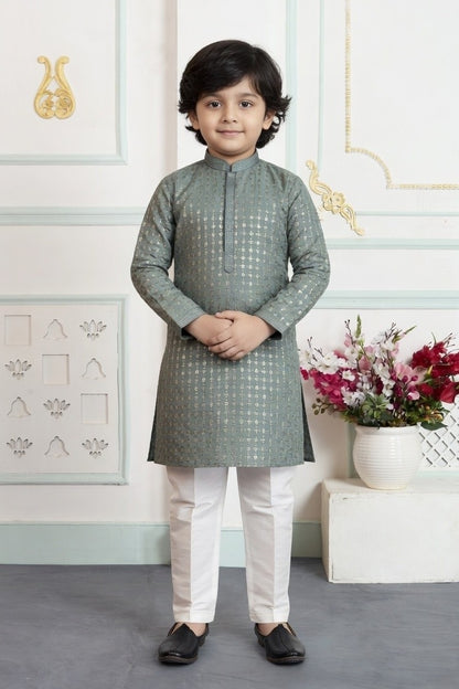 Art Silk Pintux Work Green Colour Kids Kurta Pajama