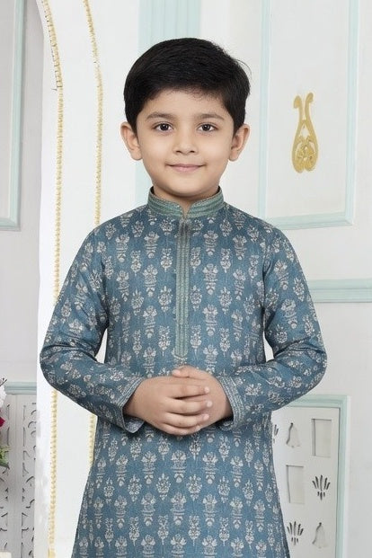 Art Silk Pintux Work Green Colour Kids Kurta Pajama