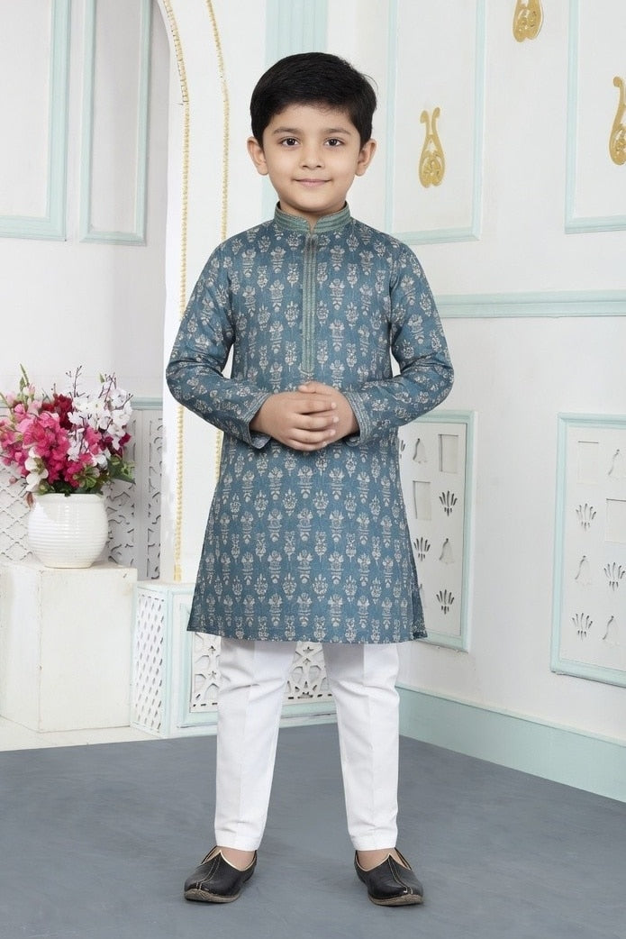 Art Silk Pintux Work Green Colour Kids Kurta Pajama