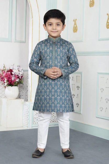 Art Silk Pintux Work Green Colour Kids Kurta Pajama