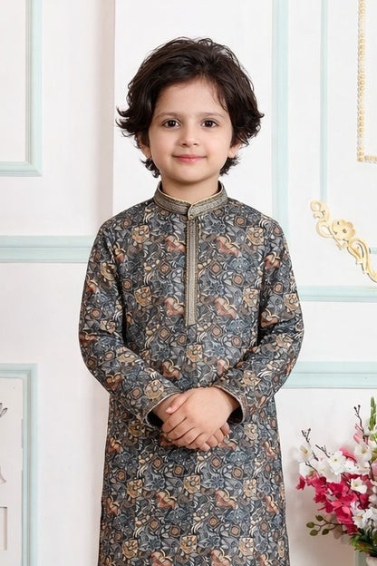 Art Silk Pintux Work Green Colour Kids Kurta Pajama