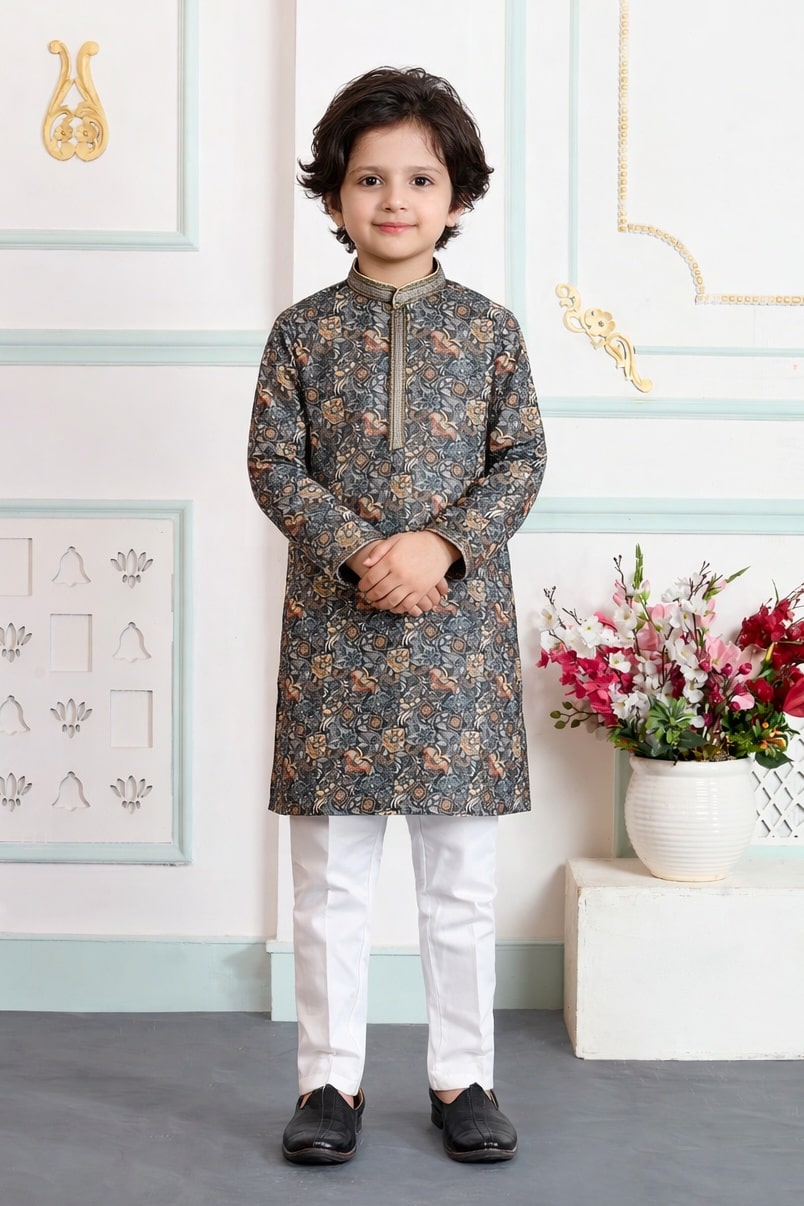 Art Silk Pintux Work Green Colour Kids Kurta Pajama