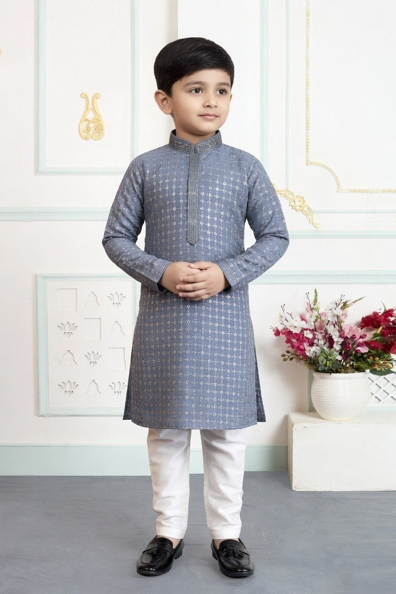 Art Silk Pintux Work Grey Colour Kids Kurta Pajama