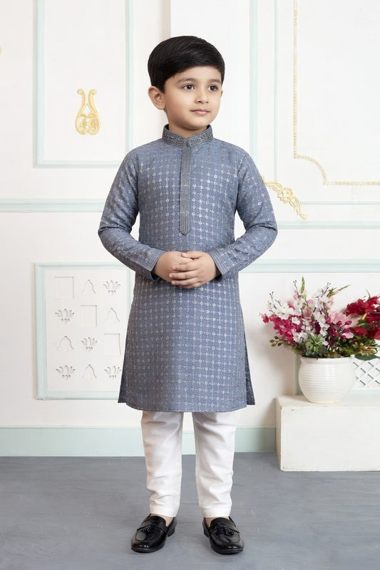 Art Silk Pintux Work Grey Colour Kids Kurta Pajama