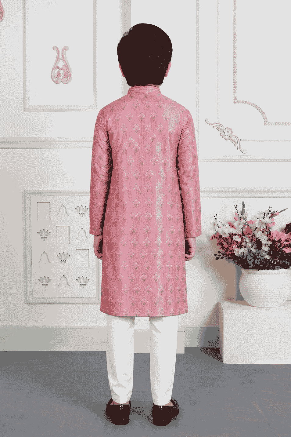 Art Silk Pintux Work Onion Colour Kids Kurta Pajama
