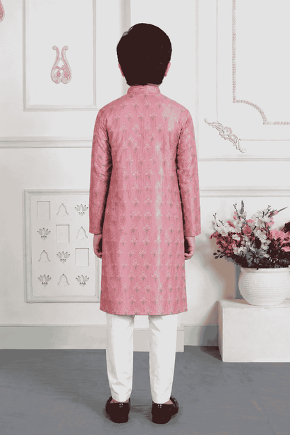 Art Silk Pintux Work Onion Colour Kids Kurta Pajama