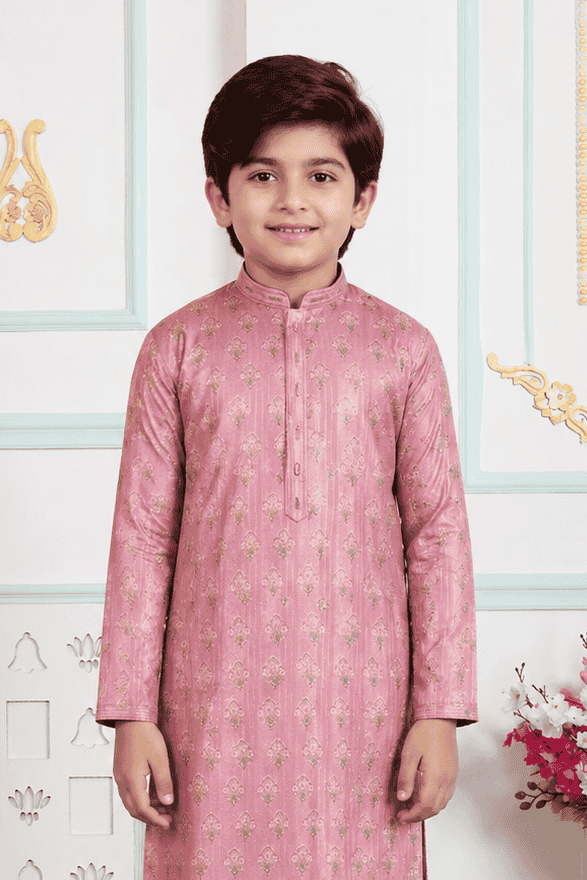 Art Silk Pintux Work Onion Colour Kids Kurta Pajama